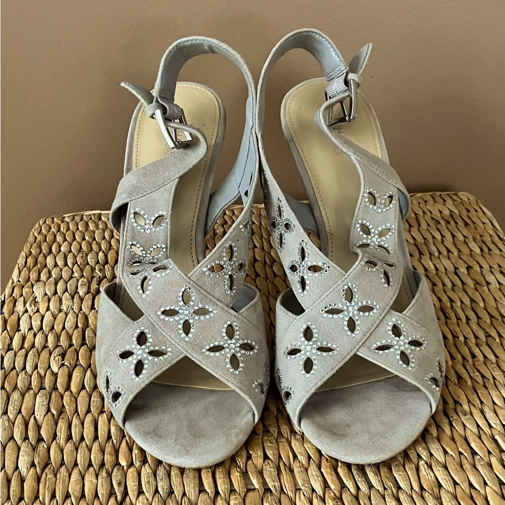 Michael Kors Leather Suede Sandals, Taupe w/ Rhinestones, Sz. 9.5, 4” Heel